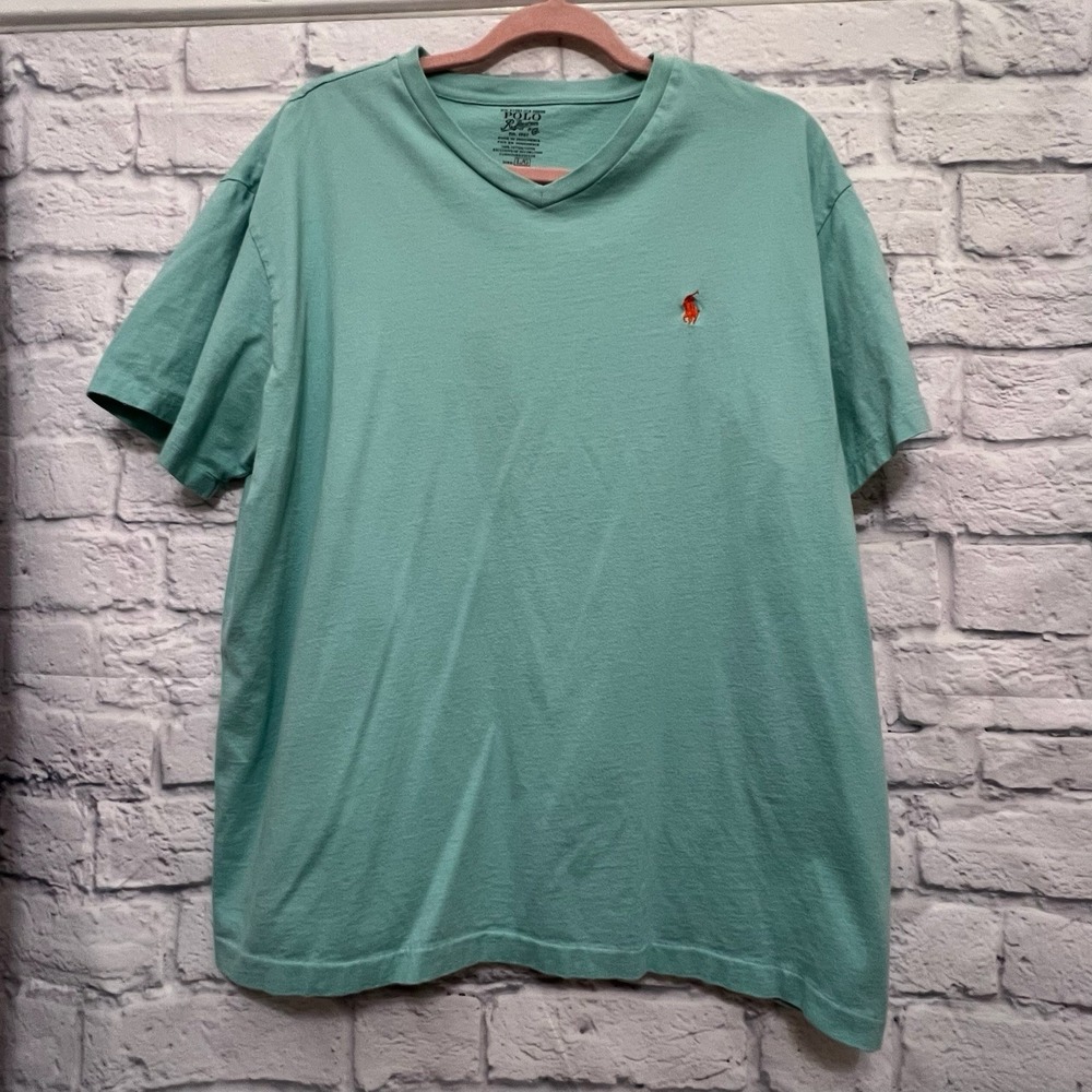 Polo Ralph Lauren Mint Green Classic V-Neck Tee T-Shirt Orange Pony Size L